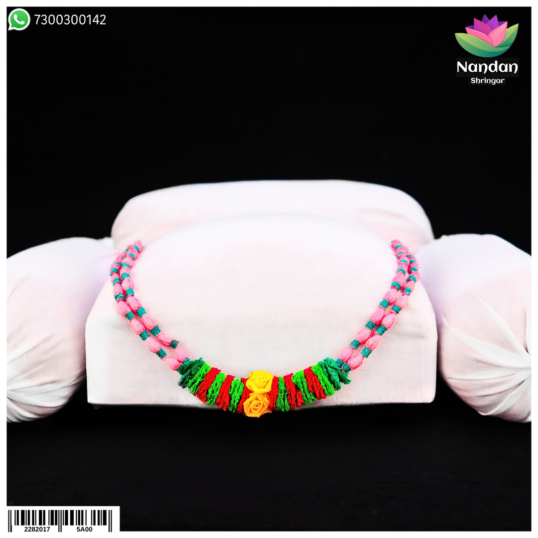 Nandanshringars Fool Mala cloth necklace, 12-inch full length with colorful beads and intricate design, displayed hanging.