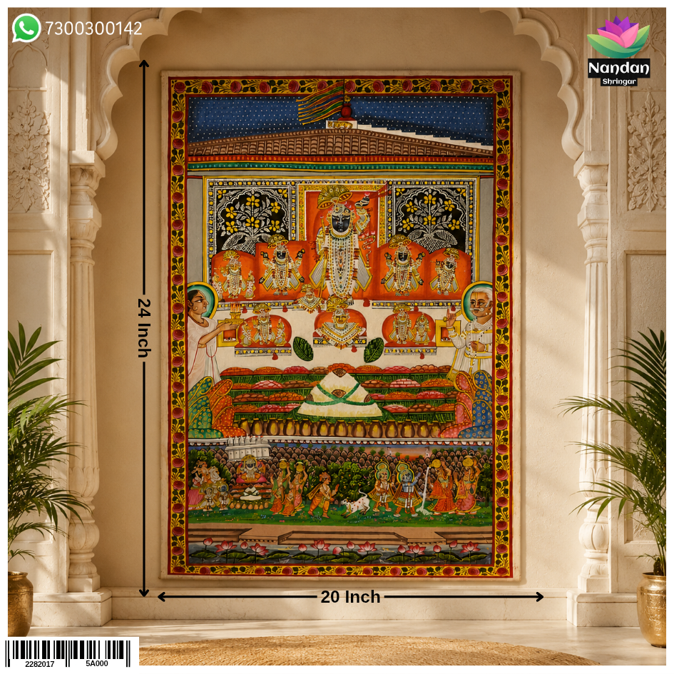 Hand-painted Annkoot Pichwai textile artwork by Nandan Shringar featuring intricate traditional designs and vibrant colors.