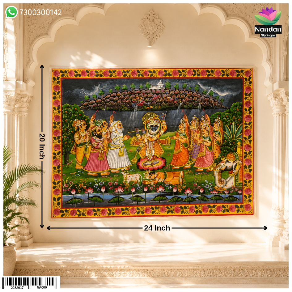 Hand-painted Govardhan Leela Pichwai depicting divine scenes, crafted by Nandan Shringar with intricate artistic details.