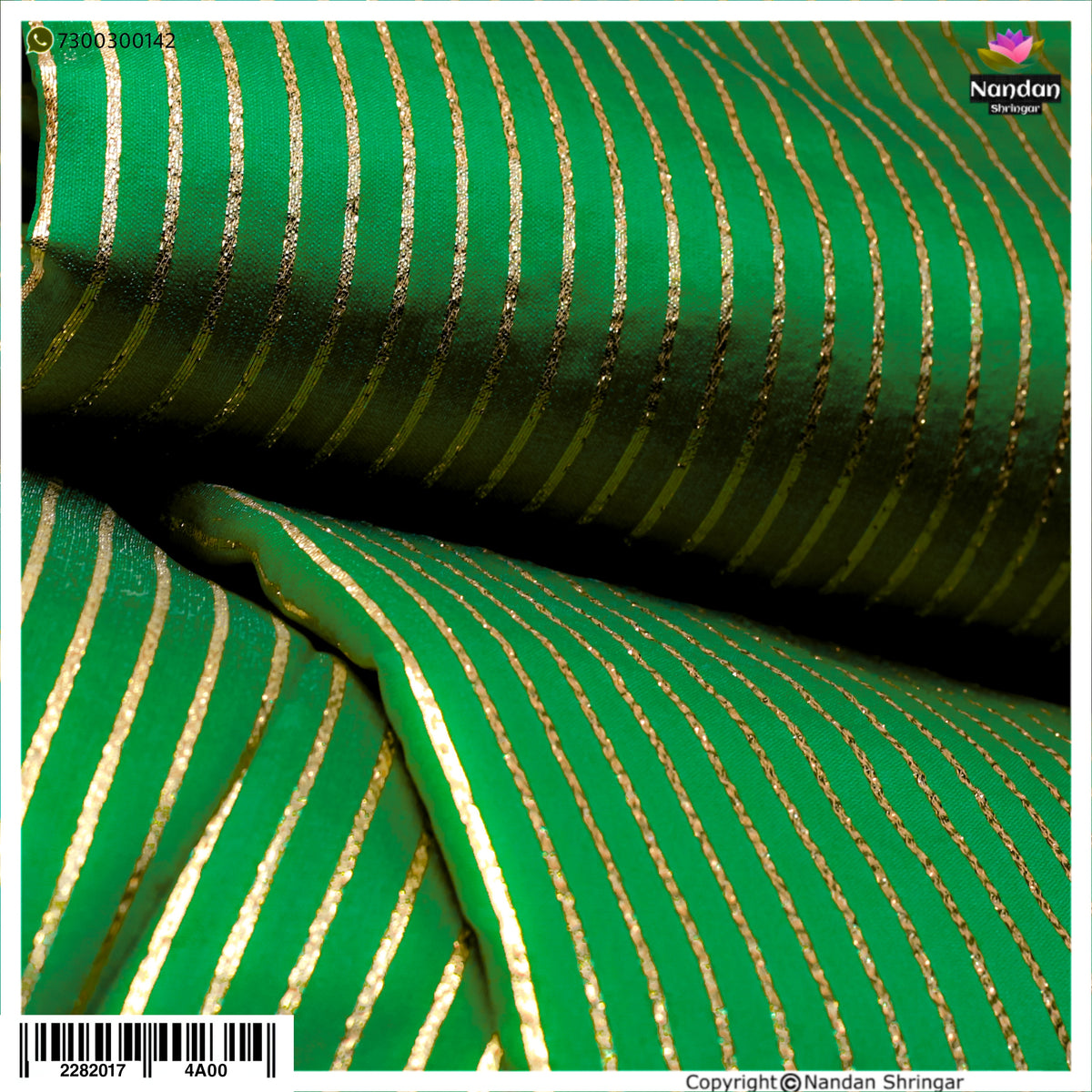 Green Taas Zari Vastra by Nandanshringars with intricate gold embroidery and traditional design, displayed flat.