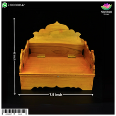Folding wooden Sinhasan throne chair by Nandanshringars, 7.5 inches tall, with intricate carved design and polished finish
