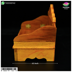 Folding wooden sinhasan (7.5 inch) by Nandanshringars, showing polished wood with intricate carvings and foldable design.