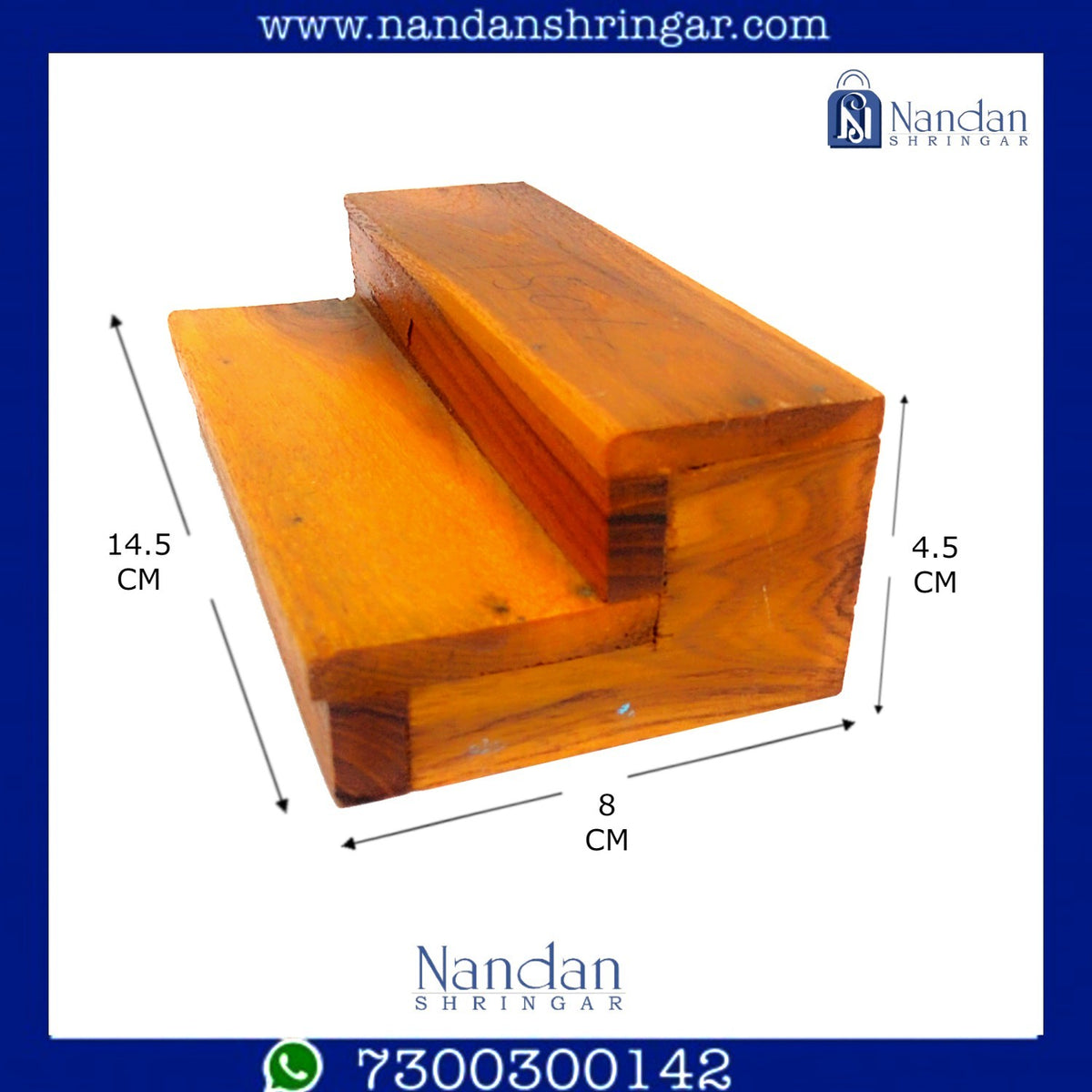 Blue-bordered wooden Khand Paat by Nandan Shringar, 5.5 inches, showcasing intricate craftsmanship and smooth finish.