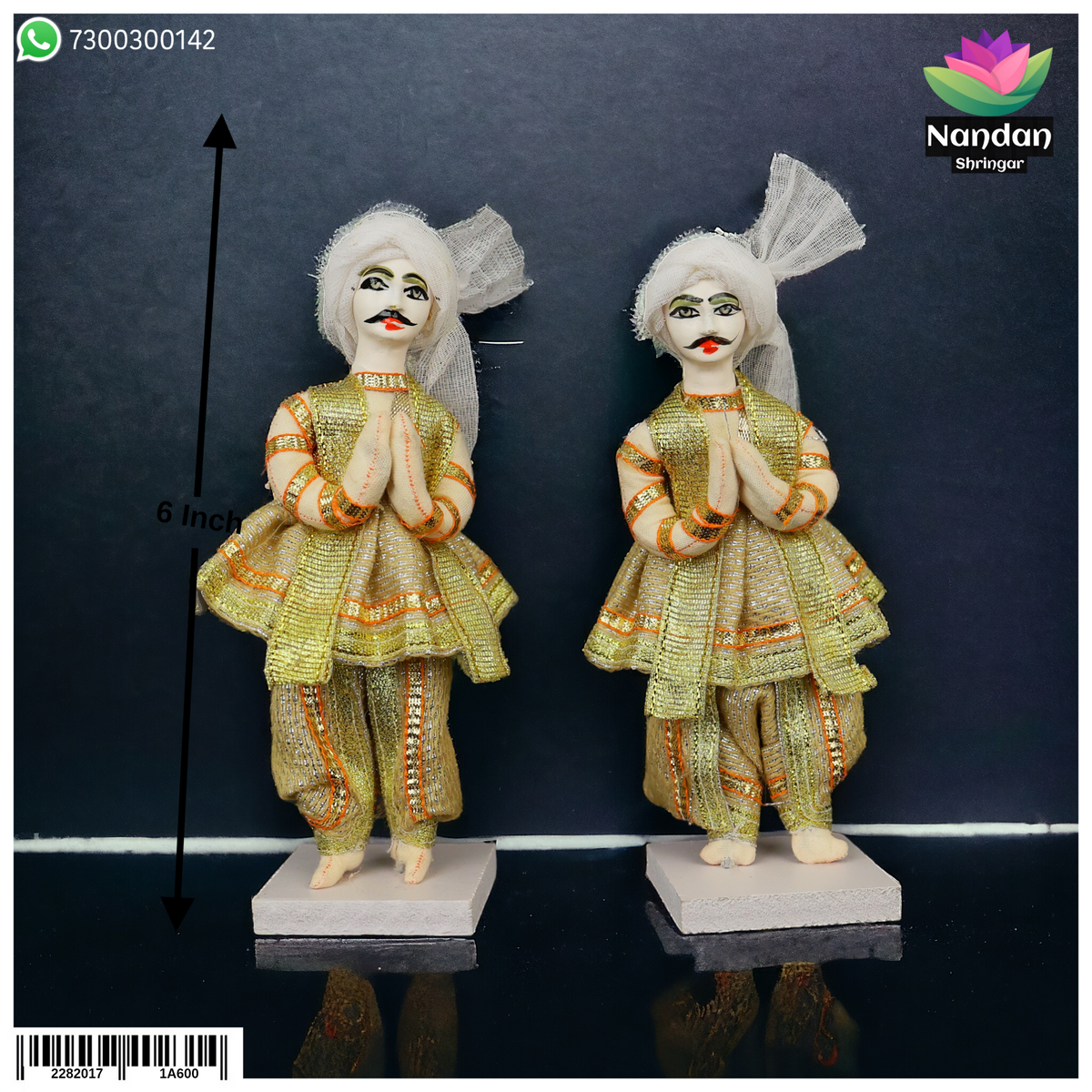 Pair of 6-inch cloth gop sets from Nandanshringars, featuring traditional Indian attire with vibrant colors and detailed embroidery.