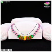 Nandanshringars Fool Mala cloth necklace, 12-inch full length, with colorful beads and intricate design, displayed on a neutral background.