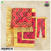 Pink Bandhani Chira Odhni with traditional tie-dye patterns from Nandanshringars, draped showcasing vibrant colors and intricate design.