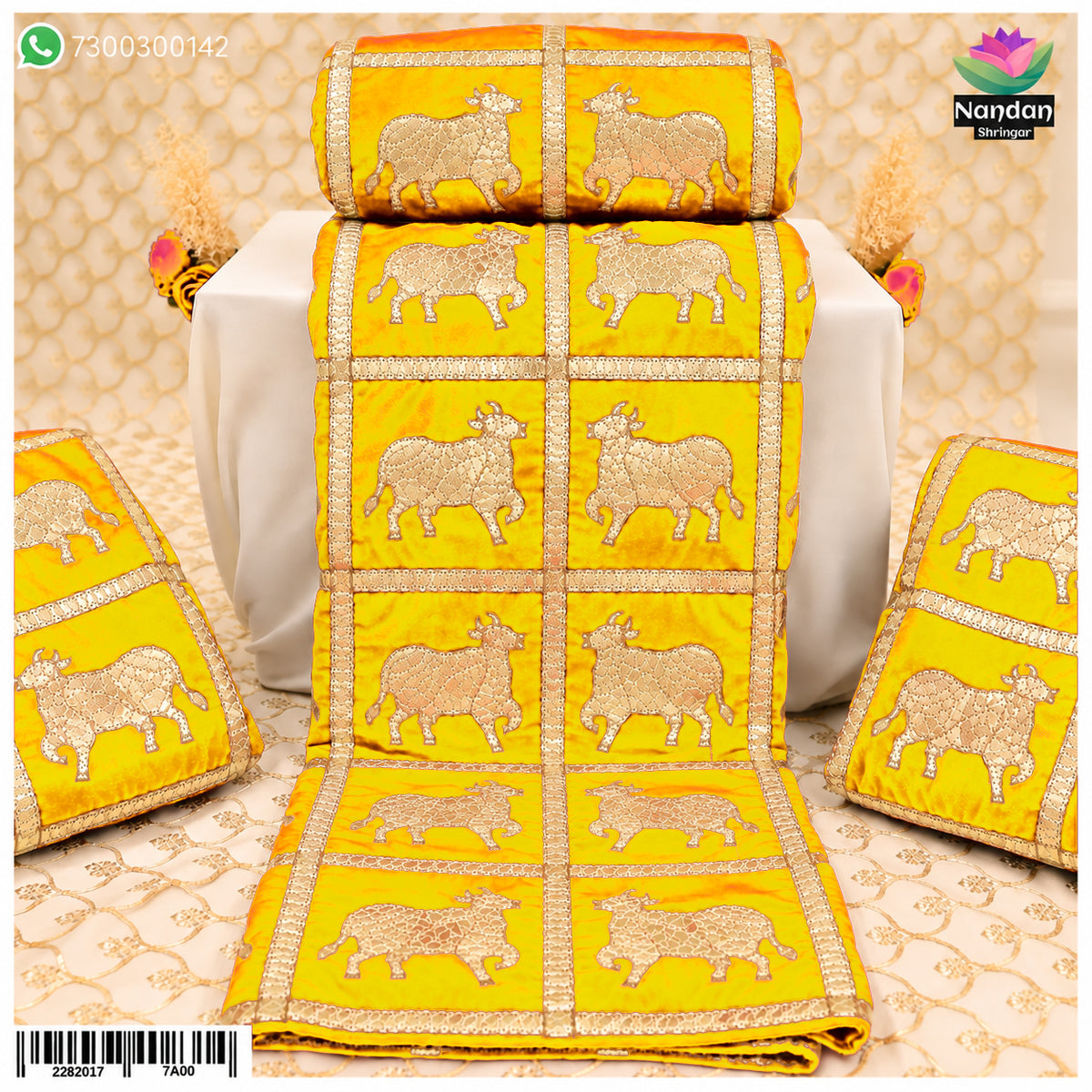 Yellow cow print velvet vastra with box pattern from Nandan Shringar, showcasing soft velvet fabric and bold cow print design.