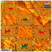 Yellow velvet Chokhana Vastra from Nandan Shringar, beautifully embroidered fabric for festive occasions.