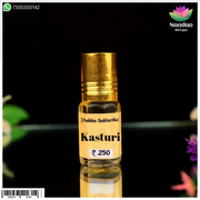 Nandanshringars Itra Kasturi (कस्तूरी इत्र) bottle with intricate design, showcasing the traditional perfume container.