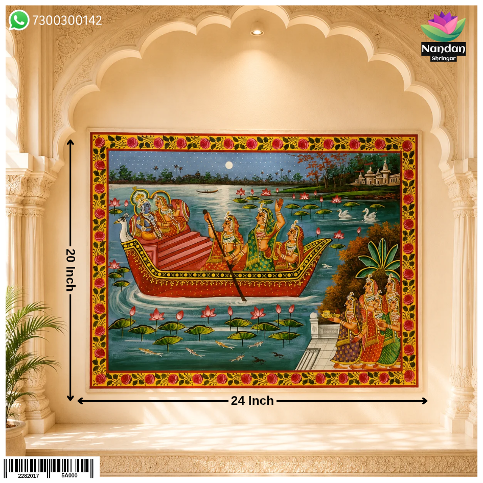 Hand-painted Noka Vihar Pichwai from Nandan Shringar, featuring intricate traditional Indian textile art with vibrant colors.