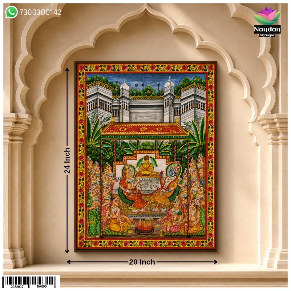 Hand-painted Tulsi Vivah Pichwai artwork by Nandan Shringar featuring vibrant traditional floral and deity motifs.