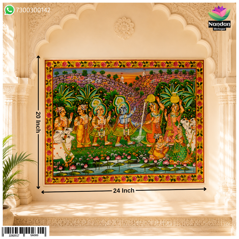 Hand-painted Dan Leela Pichwai artwork by Nandan Shringar, featuring intricate traditional Indian religious designs and vibrant colors.