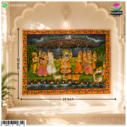 Hand-painted Govardhan Leela Pichwai depicting divine scenes, crafted by Nandan Shringar with intricate artistic details.