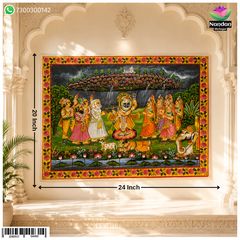 Hand-painted Govardhan Leela Pichwai depicting divine scenes, crafted by Nandan Shringar with intricate artistic details.