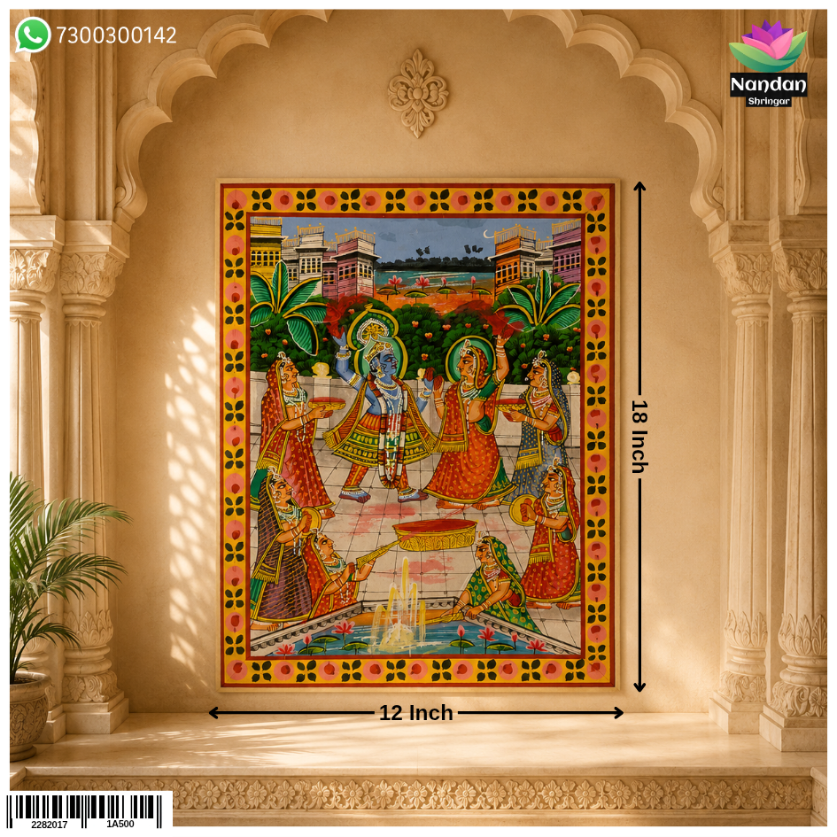 Hand-painted Holi Pichwai artwork by Nandan Shringar featuring vibrant colors and intricate traditional designs.