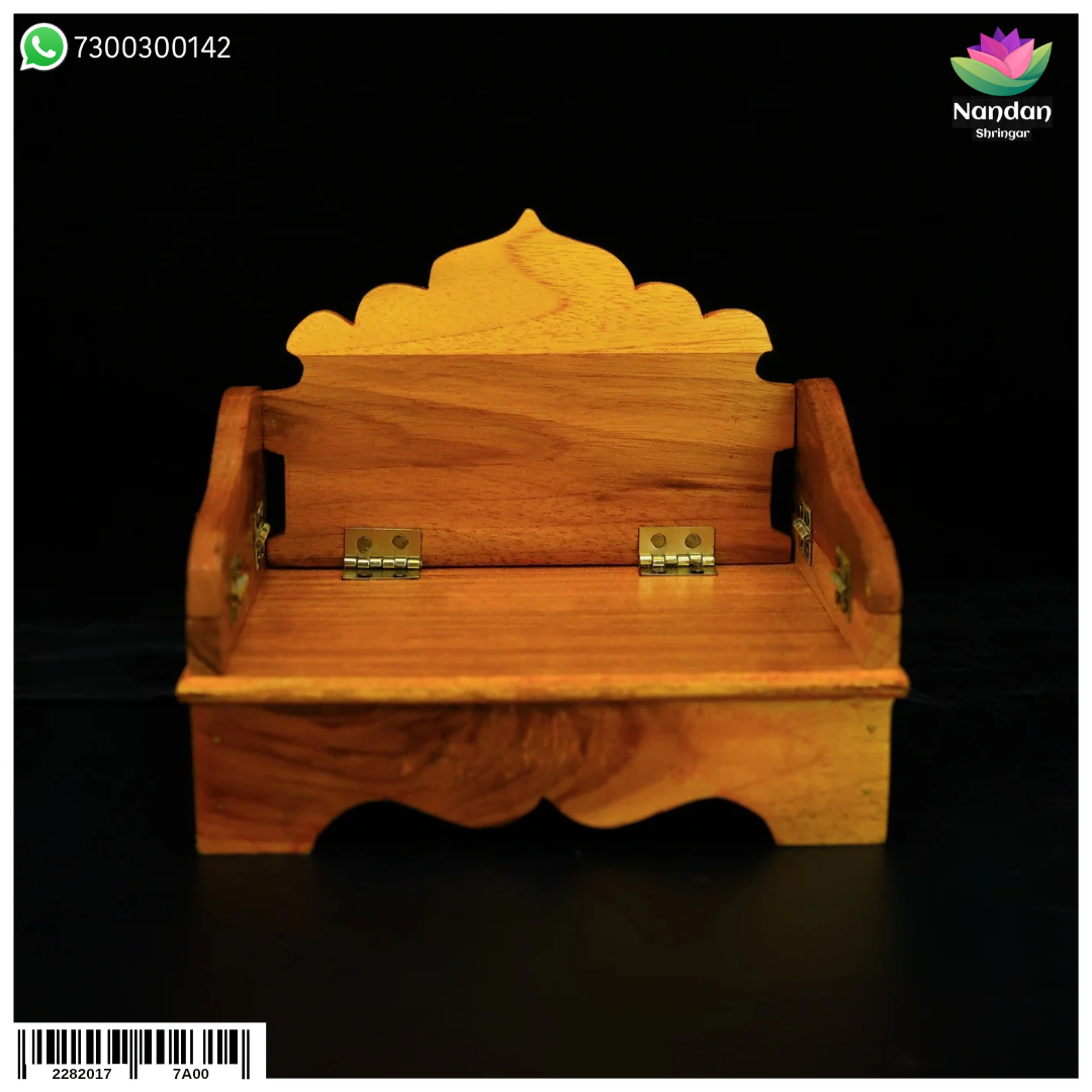 Folding wooden Sinhasan from Nandanshringars, 6.5-inch traditional seat with intricate craftsmanship and polished finish.