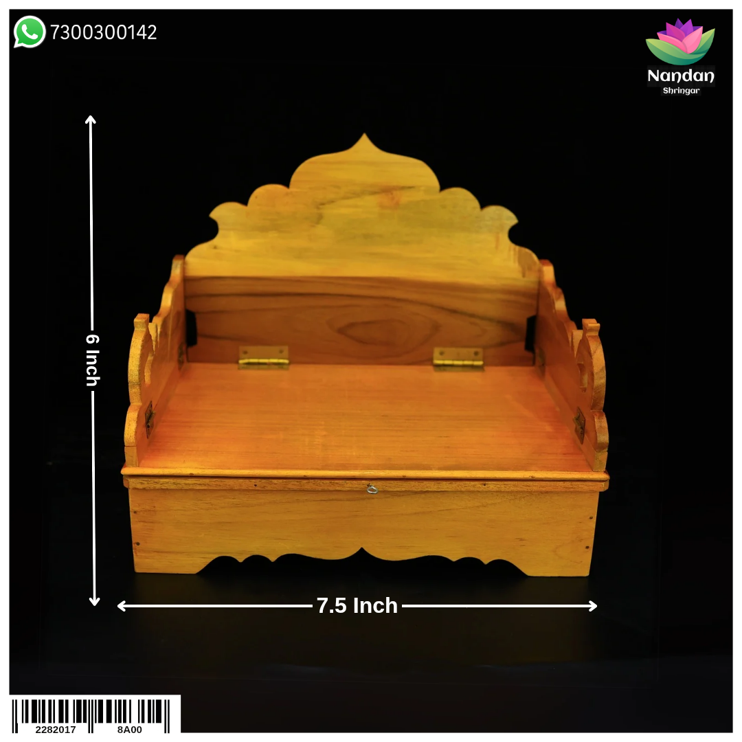 Folding wooden Sinhasan throne chair by Nandanshringars, 7.5 inches tall, with intricate carved design and polished finish