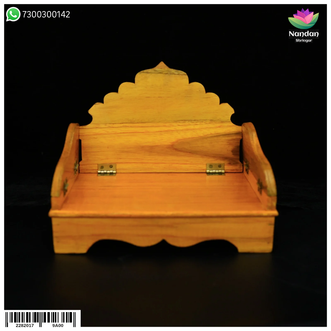 Foldable 8-inch wooden Sinhasan from Nandanshringars, showcasing polished craftsmanship and traditional Indian design.