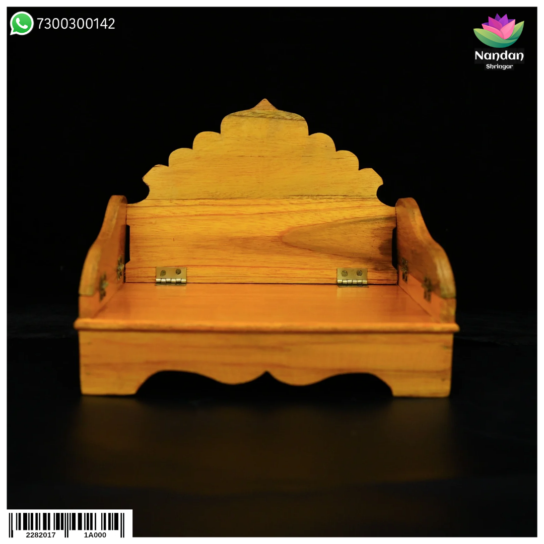 Folding wooden Sinhasan from Nandanshringars, 10-inch traditional seat with intricate carvings and polished finish.