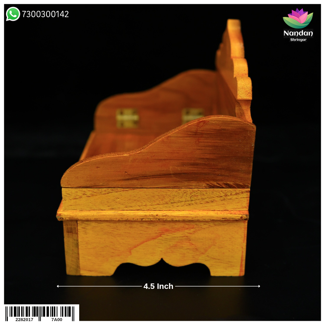 Folding wooden sinhasan (7.5 inch) by Nandanshringars, showing polished wood with intricate carvings and foldable design.