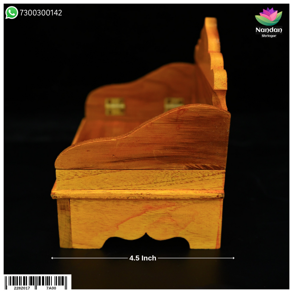 Folding wooden sinhasan (7.5 inch) by Nandanshringars, showing polished wood with intricate carvings and foldable design.