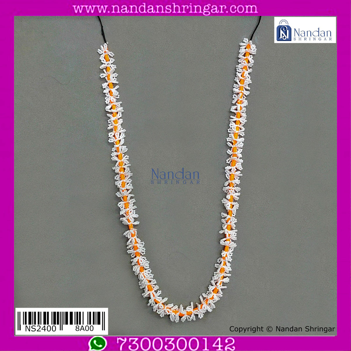 Blue Parijat Pushp Mala, 12-inch Nandanshringars prayer garland with delicate floral beads.