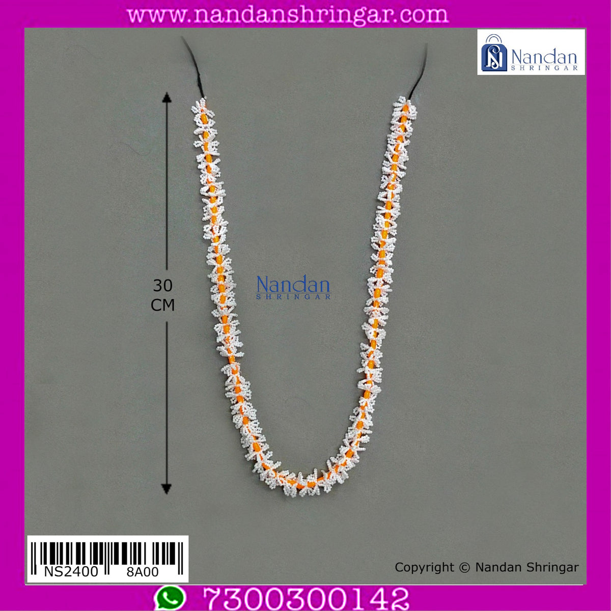Blue Parijat Pushp Mala necklace from Nandanshringars, 12-inch floral garland with delicate flowers and intricate design.