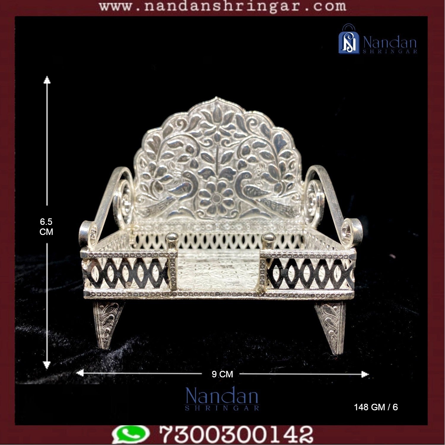 Fine silver Sinhasan by Utsav Arts, featuring intricate designs and traditional craftsmanship, displayed on a soft background.