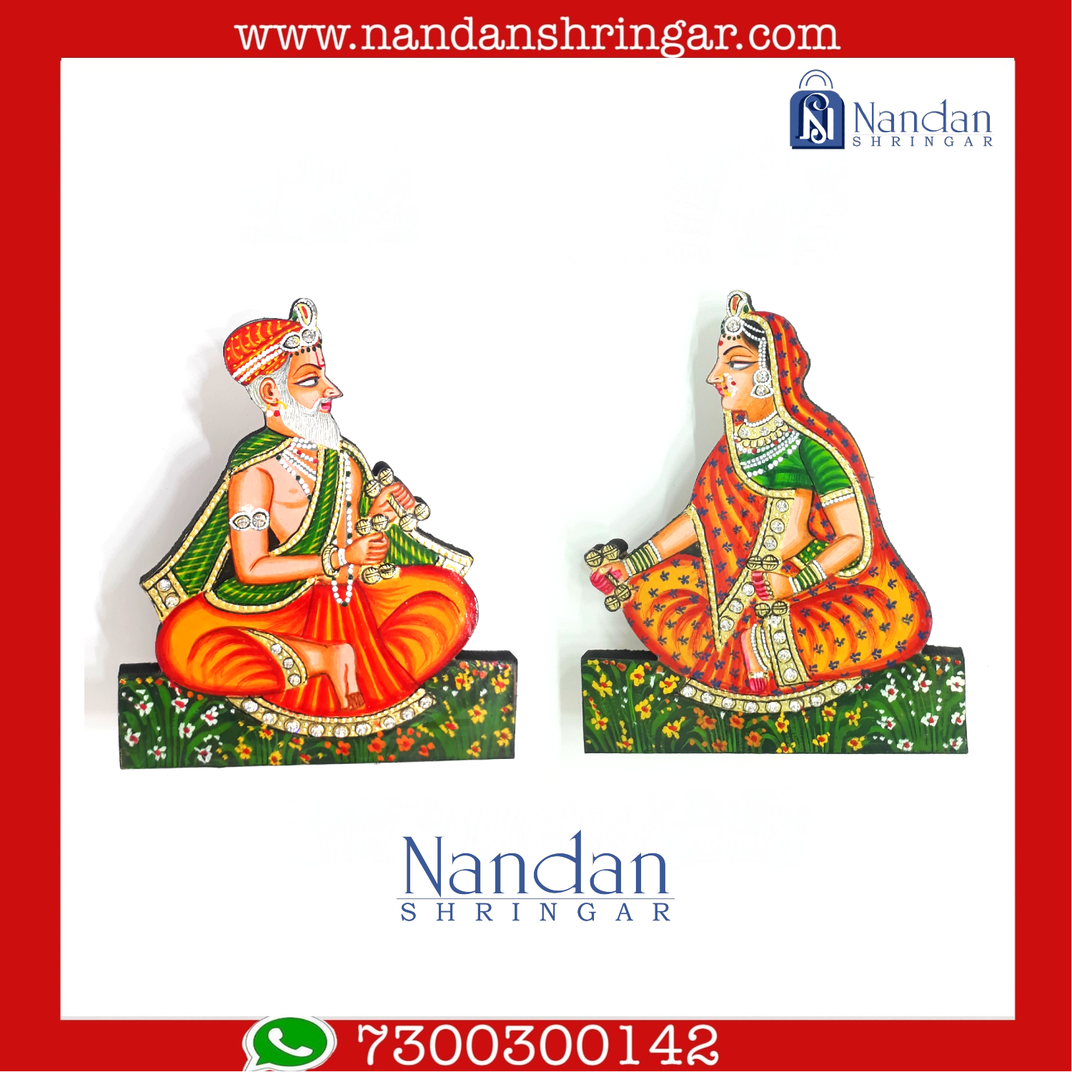 Hand-painted wooden Nand Yashoda pair depicting traditional Indian craftsmanship and vibrant colors.