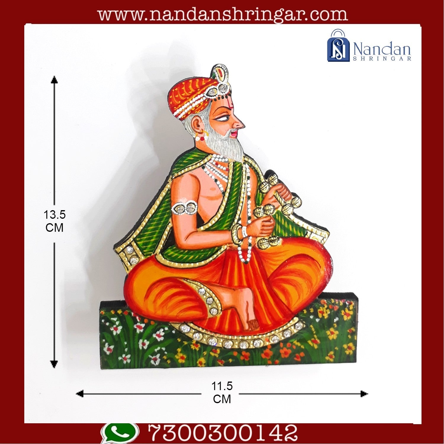 Hand-painted wooden Nand Yashoda pair from Nandanshringars, showcasing intricate details and vibrant colors.