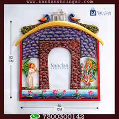 Hand-painted Govardhan Pithika by nandanshringars, showcasing intricate designs and vibrant colors on a decorative surface.