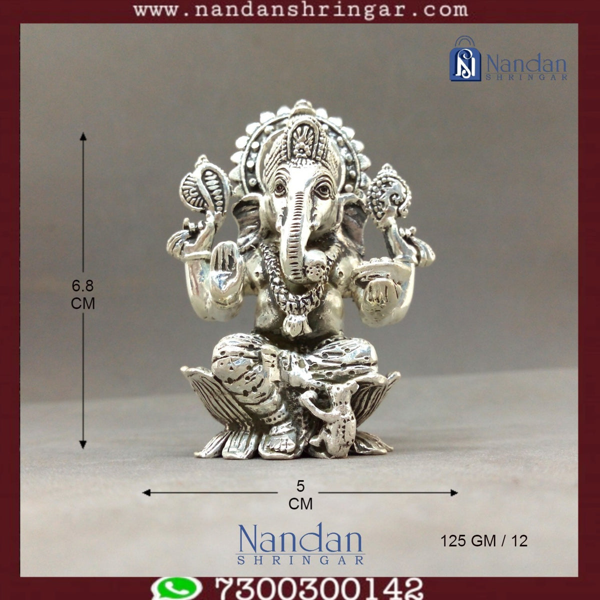 Fine silver Shree Ganesh idol by Utsav Arts, showcasing intricate details and craftsmanship in a serene pose.