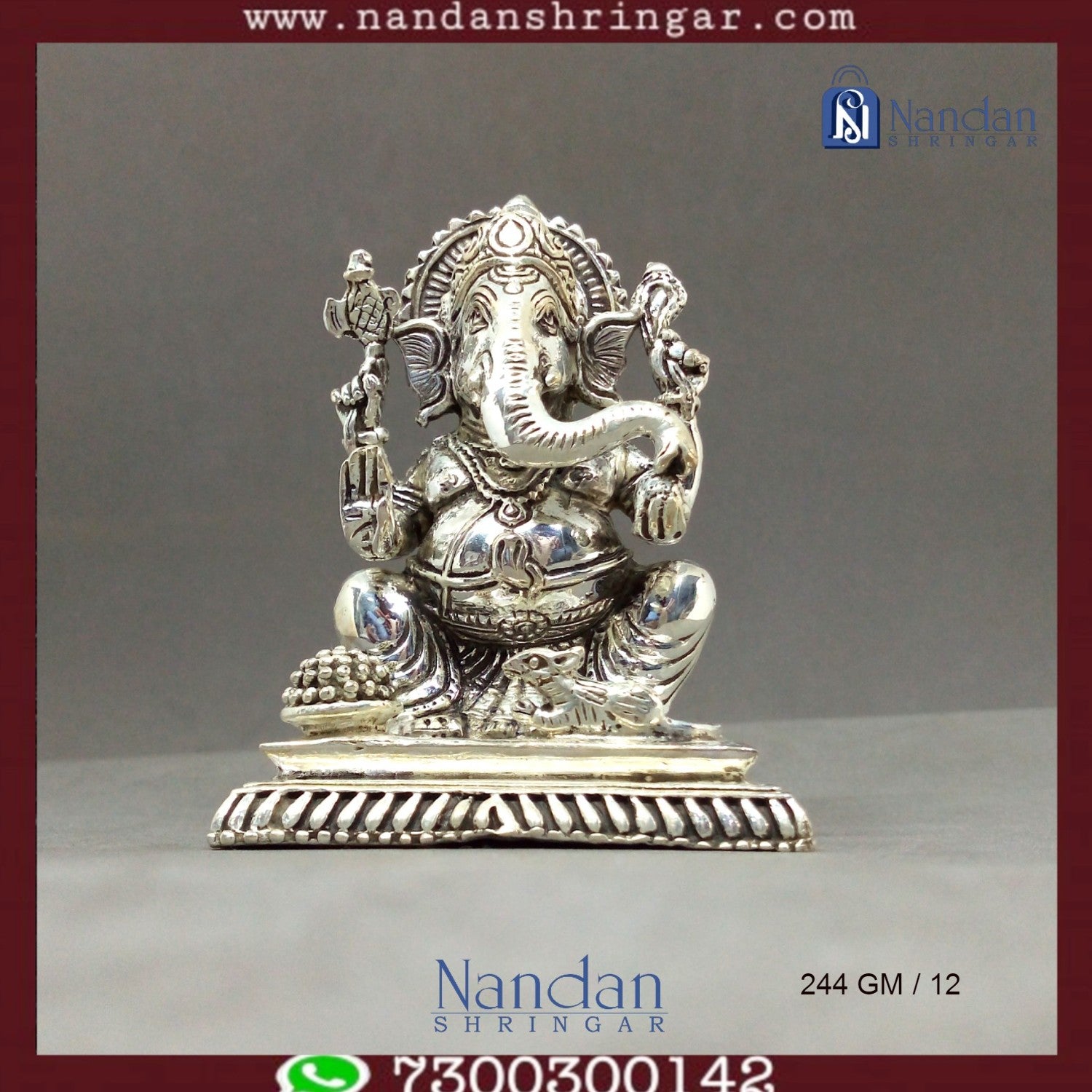 Fine silver Shree Ganesh idol by Utsav Arts, showcasing intricate detailing and craftsmanship in a traditional design.