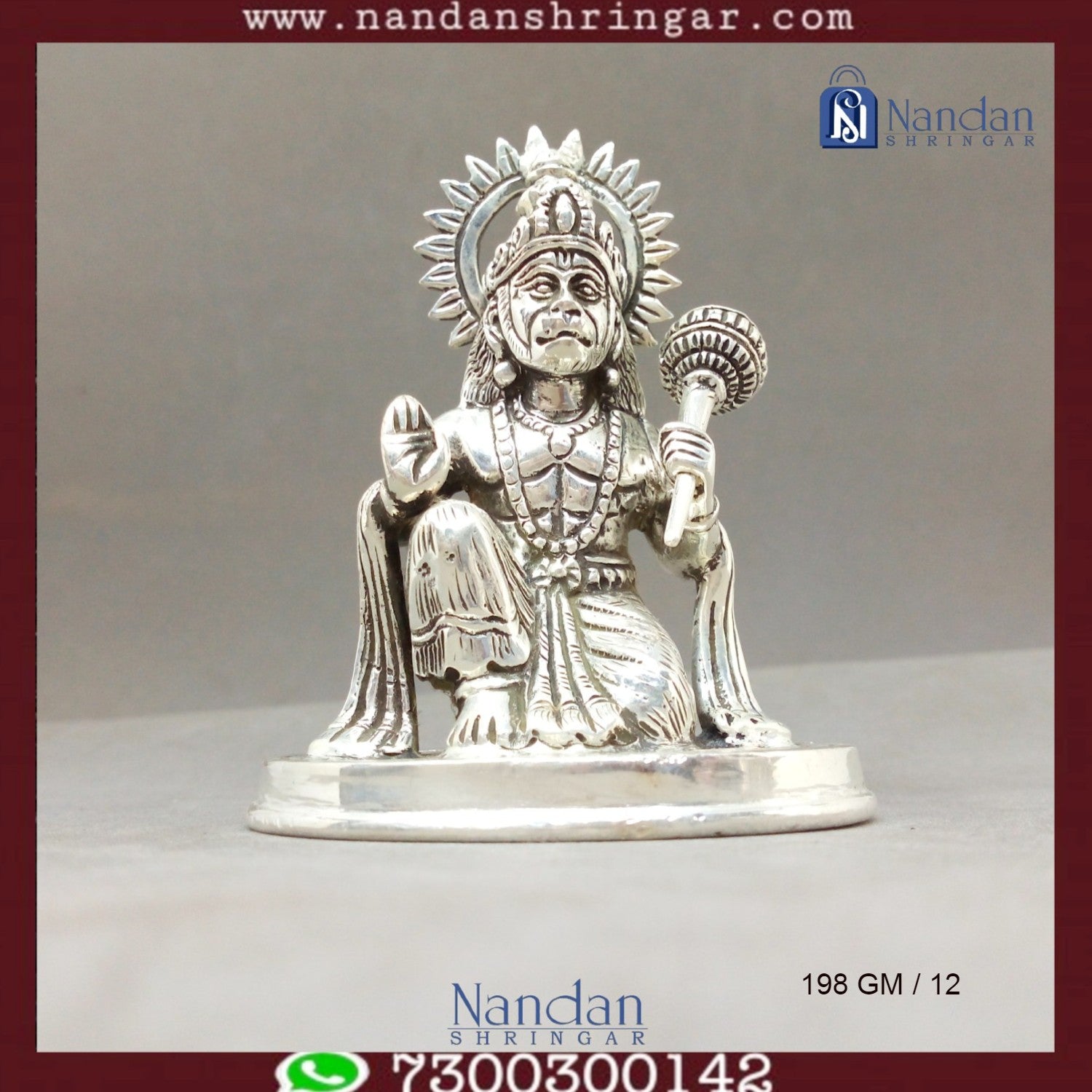 Fine silver statue of Hanuman Ji by Utsav Arts, showcasing intricate details and craftsmanship in a serene pose.