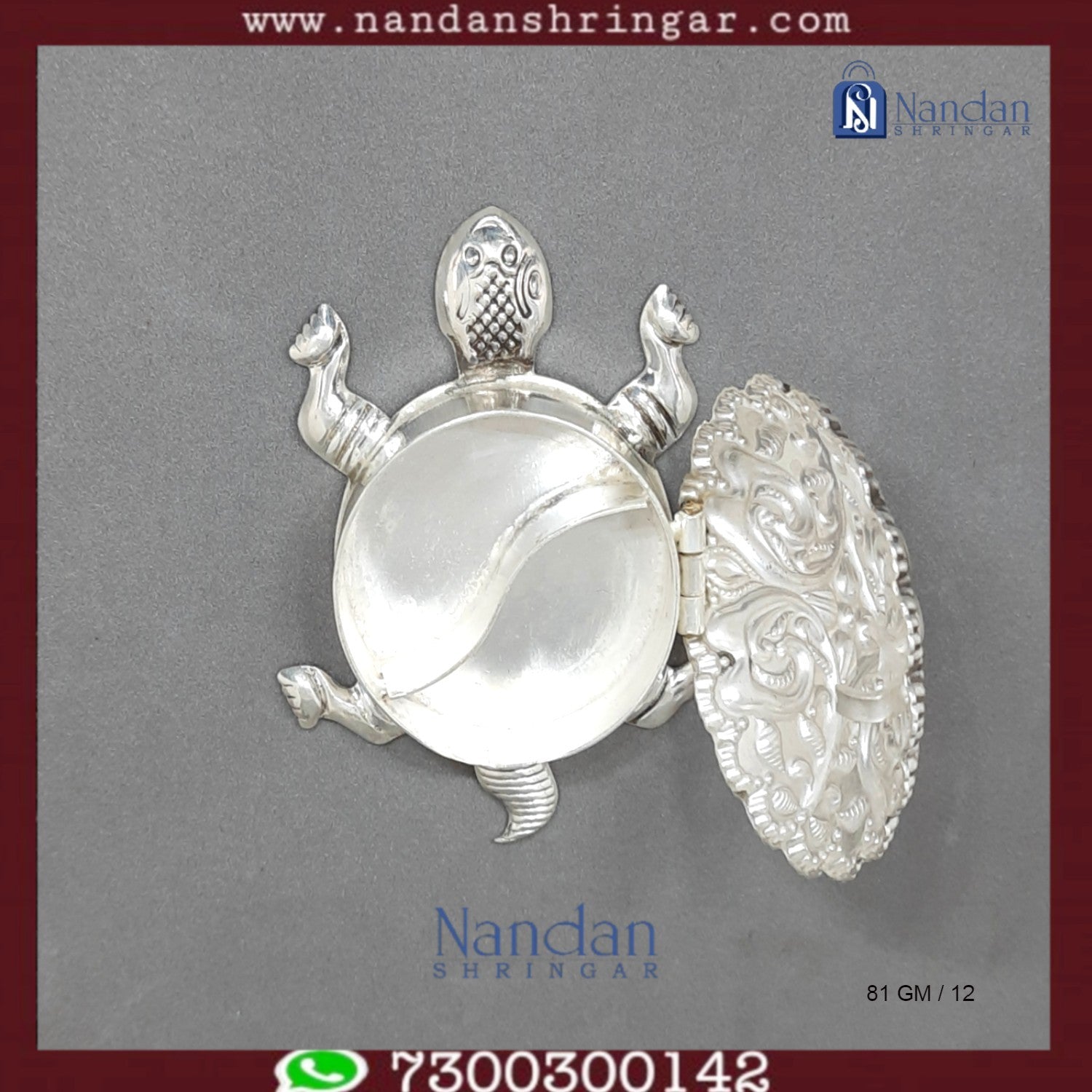 Fine silver tortoise figurine with intricate detailing from Utsav Arts, showcasing craftsmanship and smooth surface.